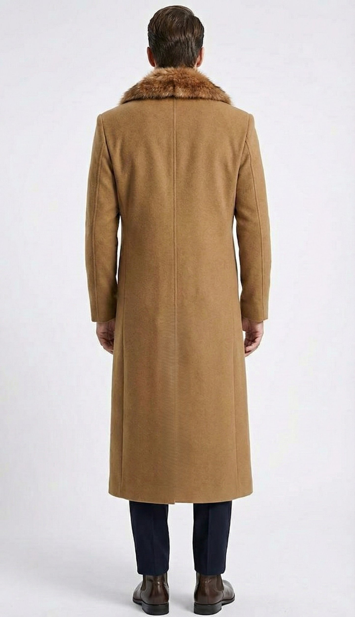 Men's Camel Brown Long Overcoat with Faux Fur Collar, Classic Winter Topcoat for Formal and Business Wear - Image 2