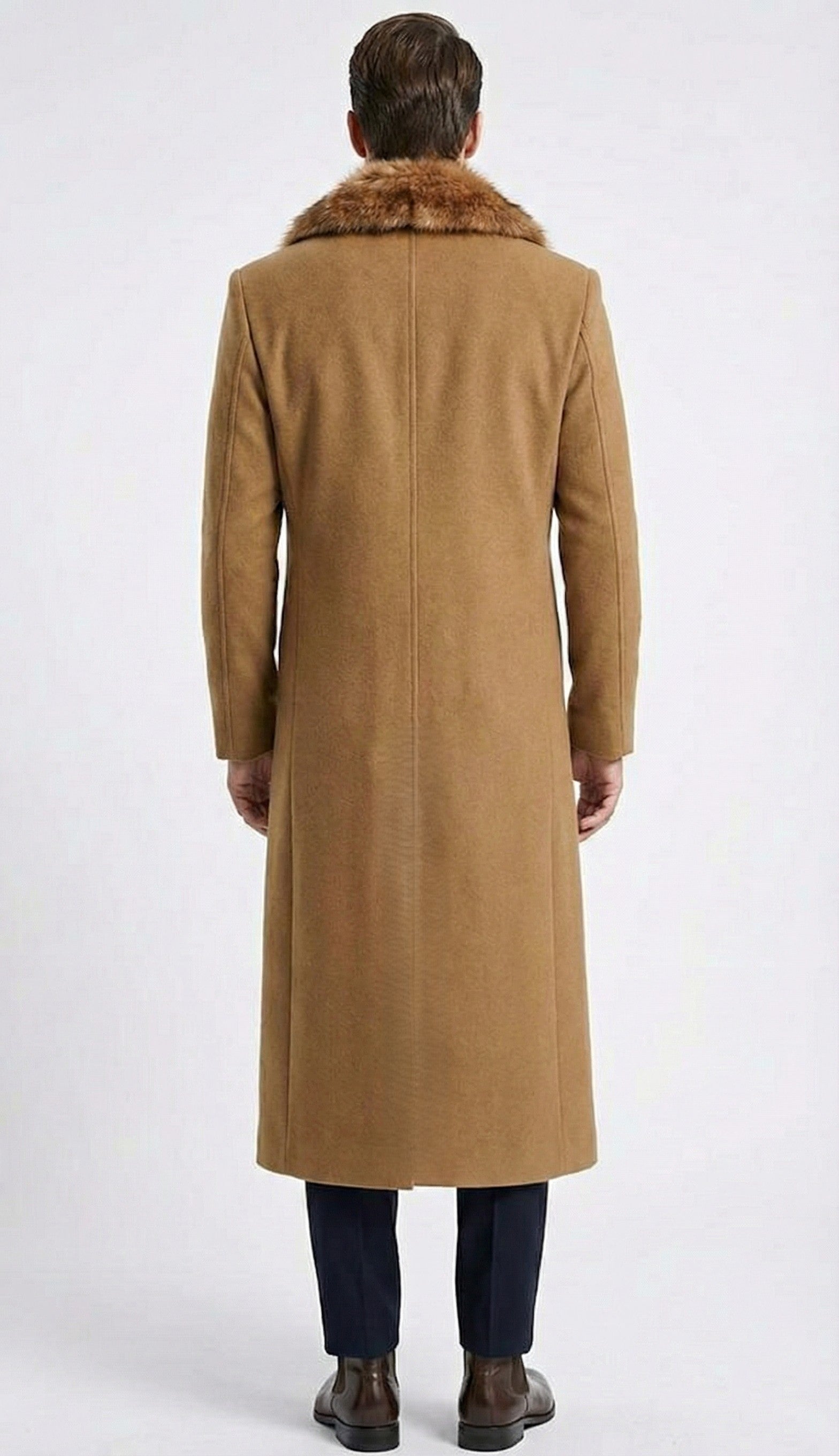 Men's Camel Brown Long Overcoat with Faux Fur Collar, Classic Winter Topcoat for Formal and Business Wear - Image 2