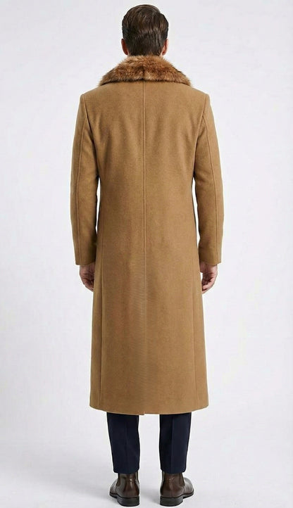 Men's Camel Brown Long Overcoat with Faux Fur Collar, Classic Winter Topcoat for Formal and Business Wear - Image 2