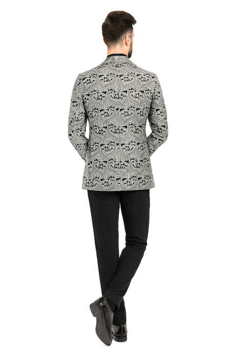 Men’s Black and Silver Paisley Tuxedo Jacket – Slim Fit Dinner Blazer with Matching Bow Tie with Black Pants $169