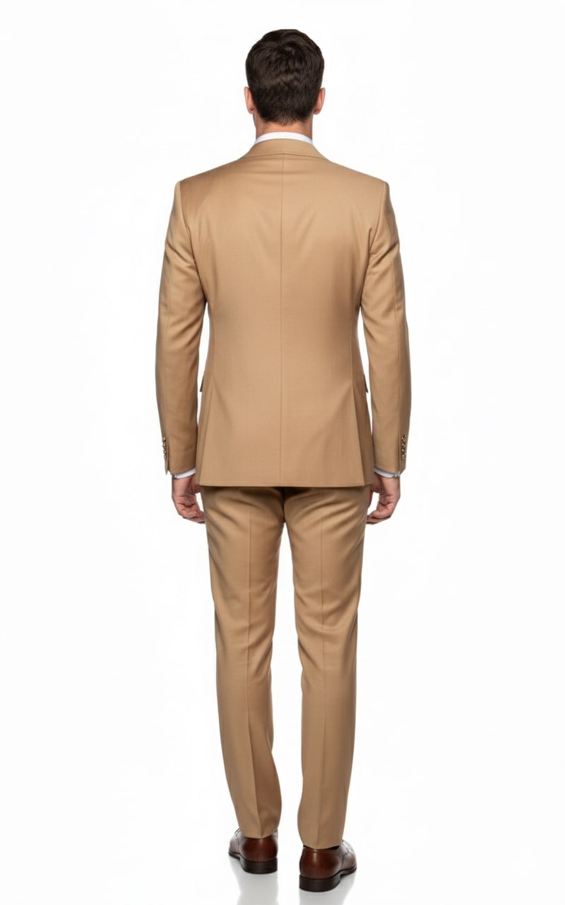 Mens Camel - Bronze - Goldish khaki Double-Breasted Suit – Luxury 2-Piece Formal Set with Gold Buttons and Peak Lapels by Rossi Man - Image 2