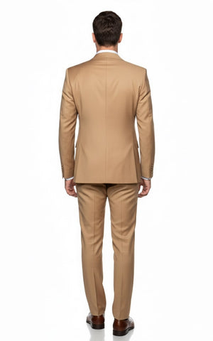 Mens Camel - Bronze - Goldish khaki Double-Breasted Suit – Luxury 2-Piece Formal Set with Gold Buttons and Peak Lapels by Rossi Man - Image 2