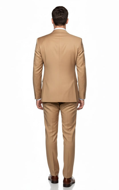 Mens Camel - Bronze - Goldish khaki Double-Breasted Suit – Luxury 2-Piece Formal Set with Gold Buttons and Peak Lapels by Rossi Man - Image 2