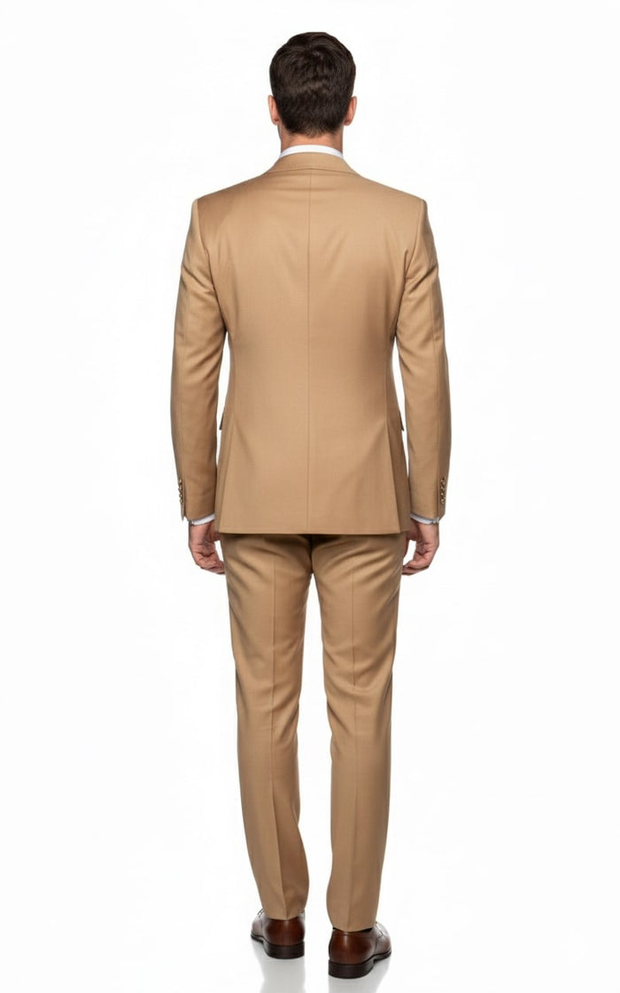 Mens Camel - Bronze - Goldish khaki Double-Breasted Suit – Luxury 2-Piece Formal Set with Gold Buttons and Peak Lapels by Rossi Man - Image 2