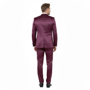 Mens Sateen Shiny Burgundy Slim Fit Tuxedo – Satin Shawl Lapel 3-Piece Suit