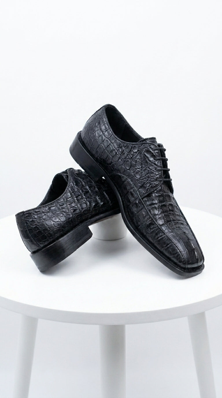 Men’s Los Altos Black Gator Belly Dress Shoes with Lace Up Front, Exotic Style Formal Shoes