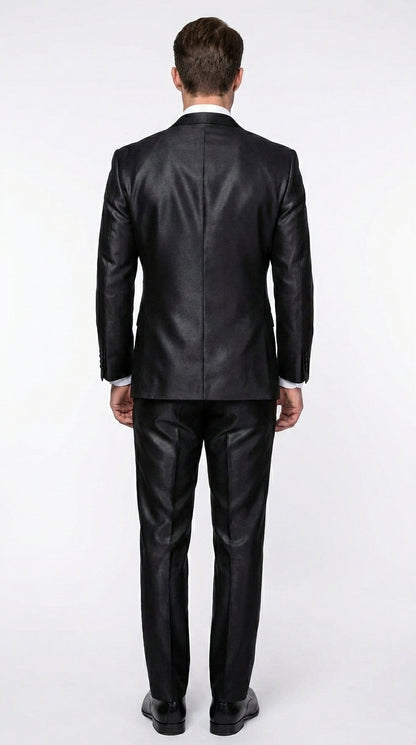 Men’s Black Two Tone Vested Wool Suit with 2 Button Jacket and Black Lapel, Italian Tuxedo Style