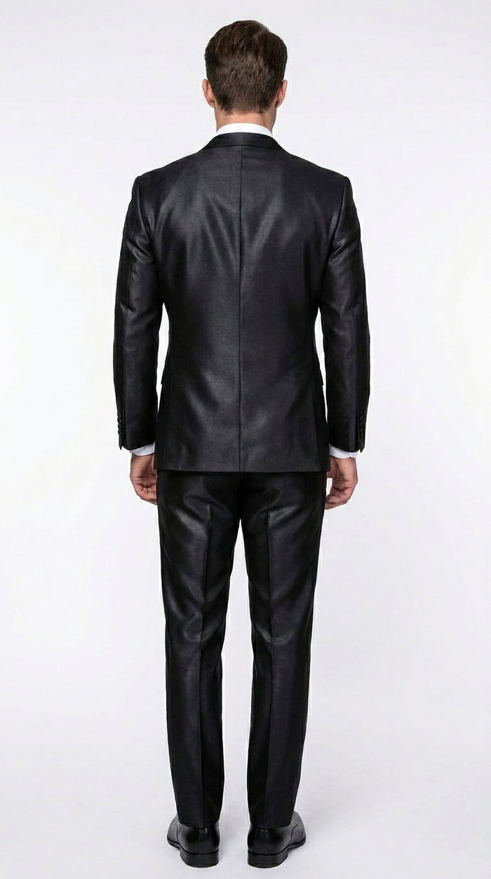 Men’s Black Two Tone Vested Wool Suit with 2 Button Jacket and Black Lapel, Italian Tuxedo Style