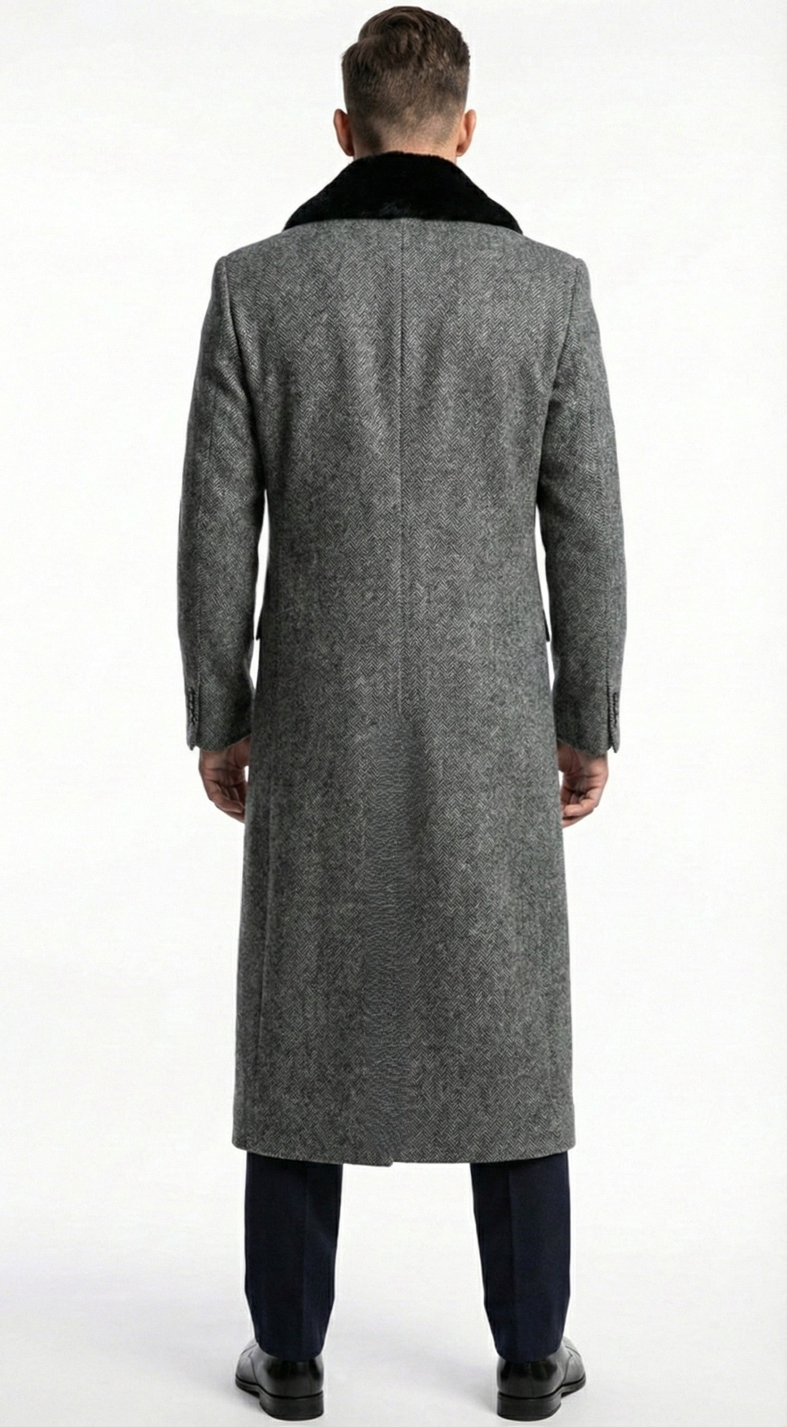 Men's Grey Herringbone Tweed Long Overcoat with Black Faux Fur Collar, Classic Winter Topcoat - Image 2
