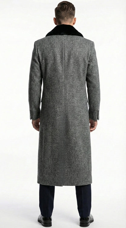 Men's Grey Herringbone Tweed Long Overcoat with Black Faux Fur Collar, Classic Winter Topcoat - Image 2