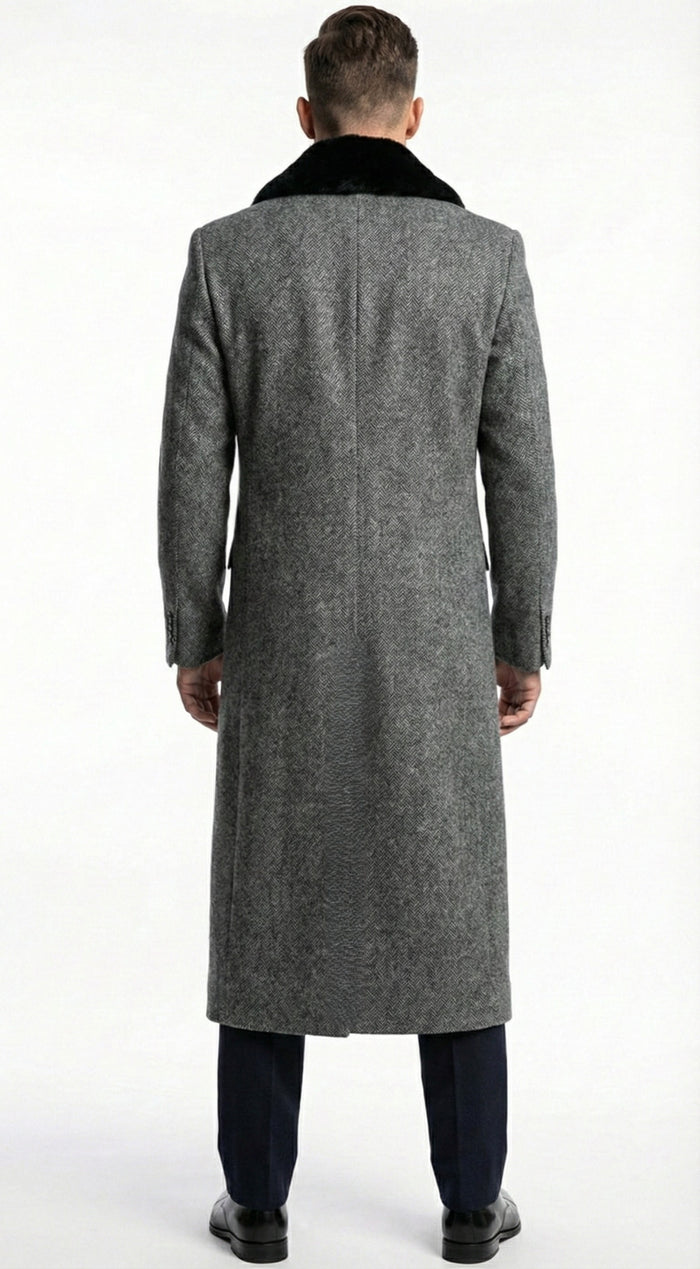 Men's Grey Herringbone Tweed Long Overcoat with Black Faux Fur Collar, Classic Winter Topcoat - Image 2