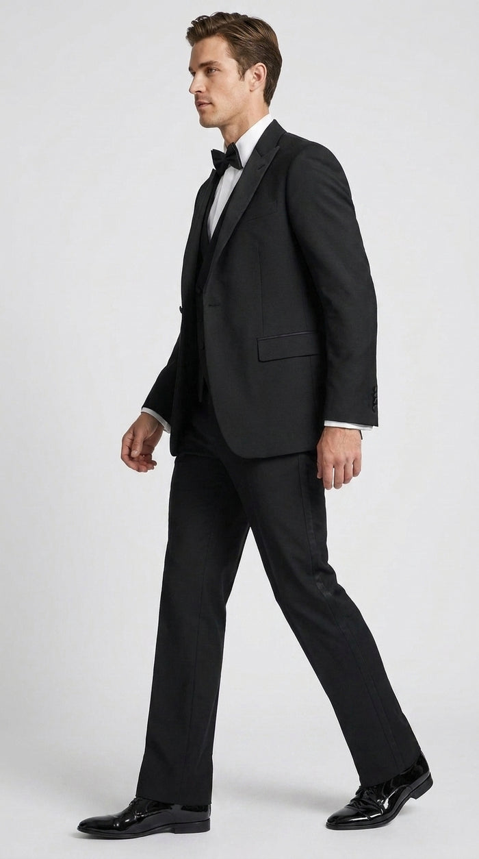 Men’s Black Boot Cut 3-Piece Tuxedo Suit – Peak Lapel Wedding, Prom and Formal Suit 1970s Style