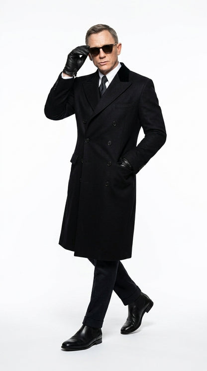Men’s Black Double Breasted Overcoat, James Bond Inspired Long Formal Coat for Weddings, Business Events, Parties, and Winter Occasions