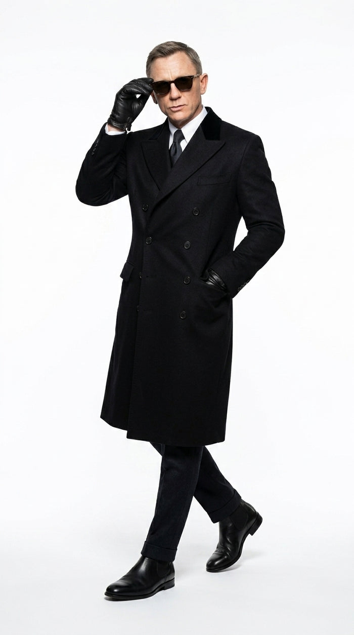 Men’s Black Double Breasted Overcoat, James Bond Inspired Long Formal Coat for Weddings, Business Events, Parties, and Winter Occasions