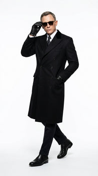 Men’s Black Double Breasted Overcoat, James Bond Inspired Long Formal Coat for Weddings, Business Events, Parties, and Winter Occasions