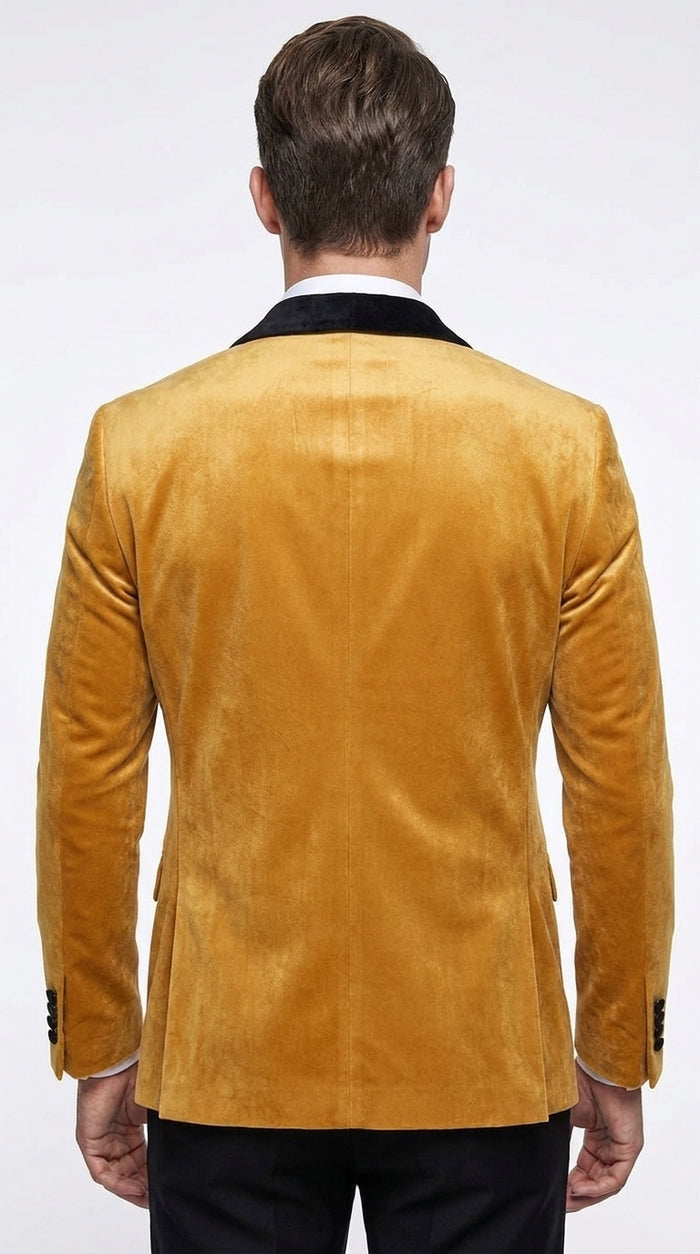 Men’s Velvet Gold Tuxedo Dinner Jacket – Black Shawl Lapel Wedding & Prom Blazer