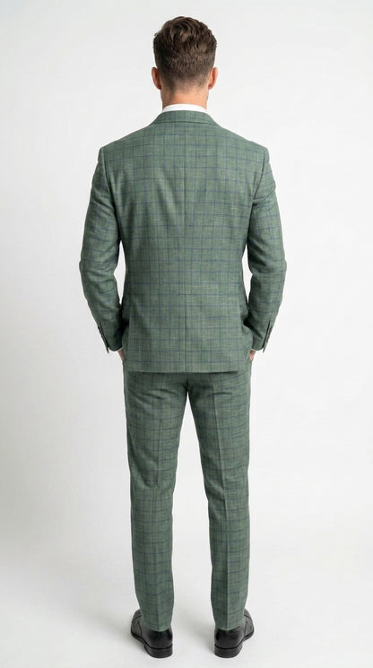 Men’s Tartan olive Green with blue checker Windowpane 2-Piece Suit – Modern Fit Plaid, Business and Formal Suit english styl