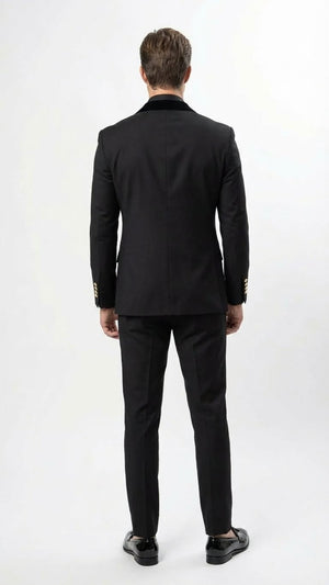 Men’s Black Double Breasted Tuxedo Suit – Luxury Formal Dinner Jacket Gold Buttons Velvet Lapel