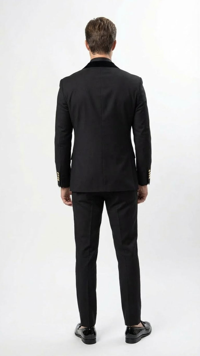 Men’s Black Double Breasted Tuxedo Suit – Luxury Formal Dinner Jacket Gold Buttons Velvet Lapel