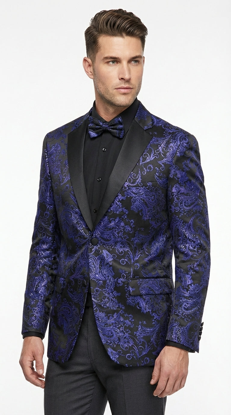 Mens Blue Paisley Jacquard Blazer – Luxury Pattern Tuxedo Dinner Jacket with Black Satin Lapel for Wedding, Prom With Bowtie