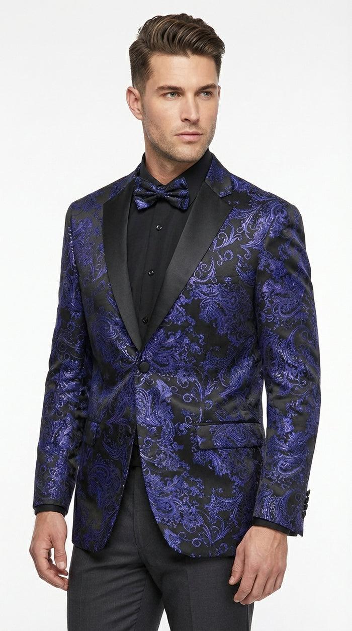 Mens Blue Paisley Jacquard Blazer – Luxury Pattern Tuxedo Dinner Jacket with Black Satin Lapel for Wedding, Prom With Bowtie