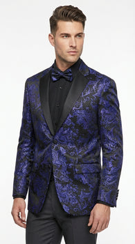 Mens Royal Blue Paisley Jacquard Blazer – Luxury Pattern Tuxedo Dinner Jacket with Black Satin Lapel for Wedding, Prom With Bowtie