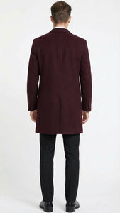 Men’s Burgundy Mid-Length Overcoat – Classic Fit Wool Blend Dress Coat Three Quarter Carcoat Topcoat