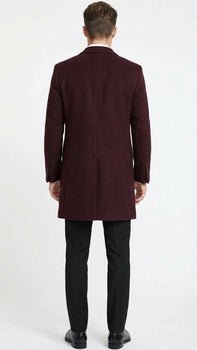 Men’s Burgundy Mid-Length Overcoat – Classic Fit Wool Blend Dress Coat Three Quarter Carcoat Topcoat