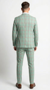Mint Green Plaid Three Piece Suit for Men | Classic Checkered Formal Suit with Jacket Vest and Pants By Rossiman
