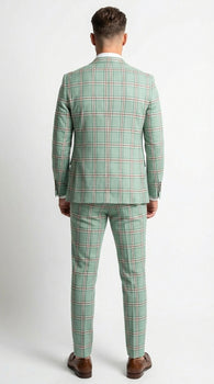 Mint Green Plaid Three Piece Suit for Men | Classic Checkered Formal Suit with Jacket Vest and Pants By Rossiman