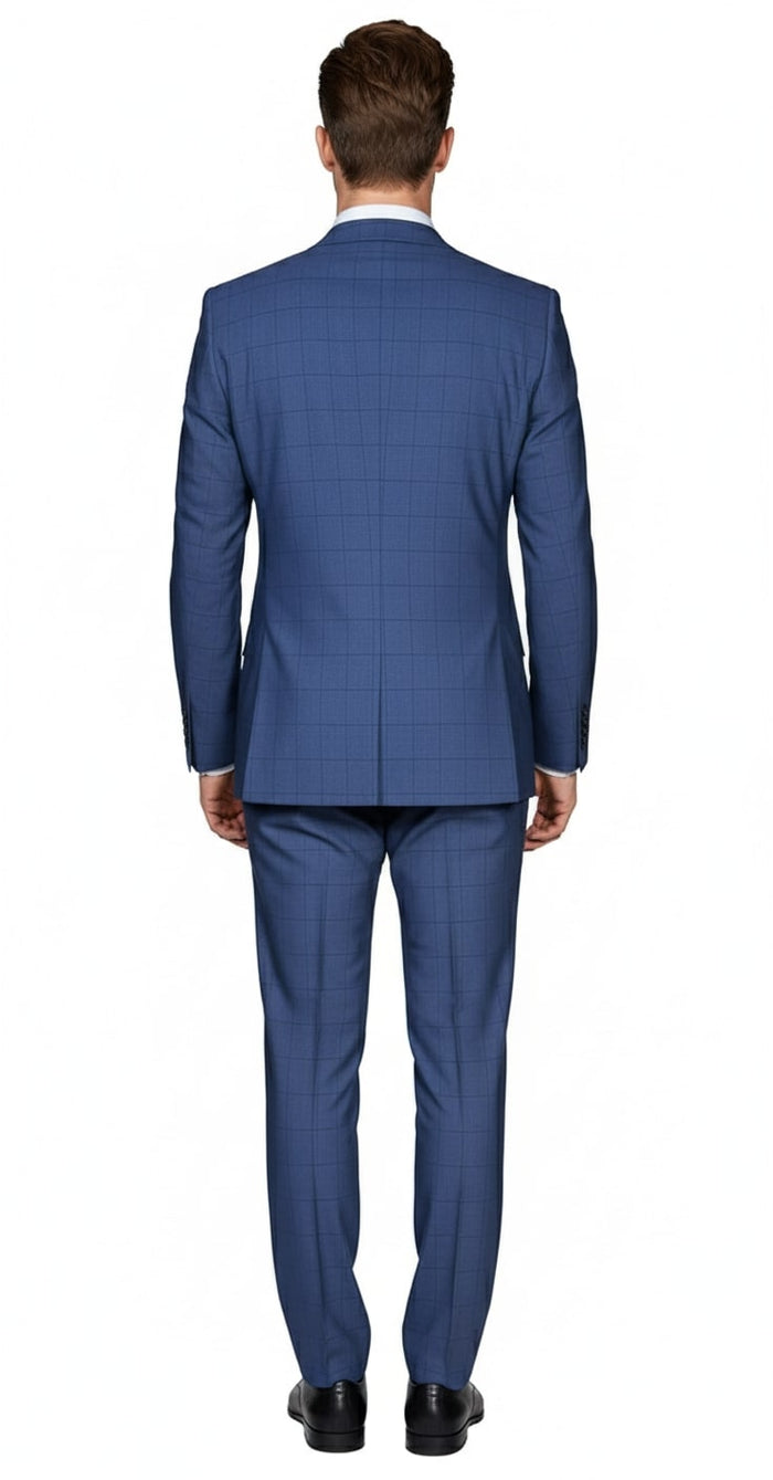 Mens Indigo Navy Blue Windowpane Check Suit – Classic 2-Piece Formal Business and Wedding Wear Set in Cobalt Blue - Image 2
