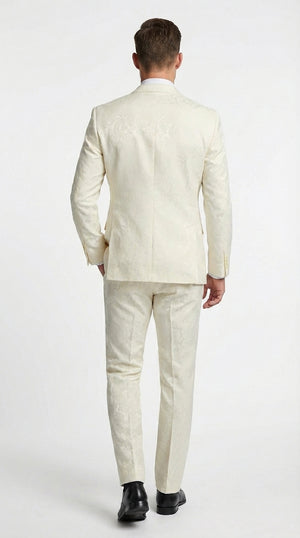 Men’s Ivory Paisley Shiny Suit – Flroal Formal Wedding and Prom Suit for Party, in Cream Off White