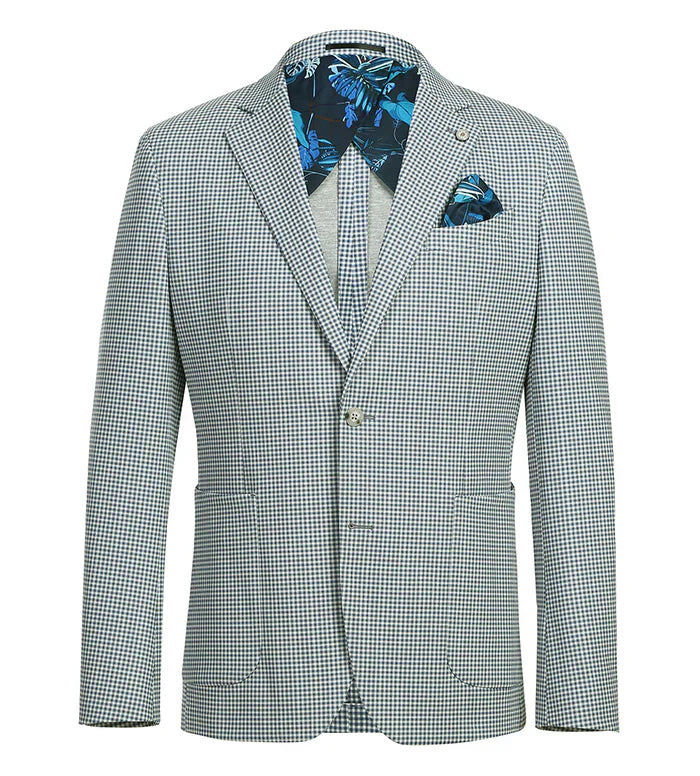 Half Canvas Slim Fit Blazer in Sage Blue Check - Image 2