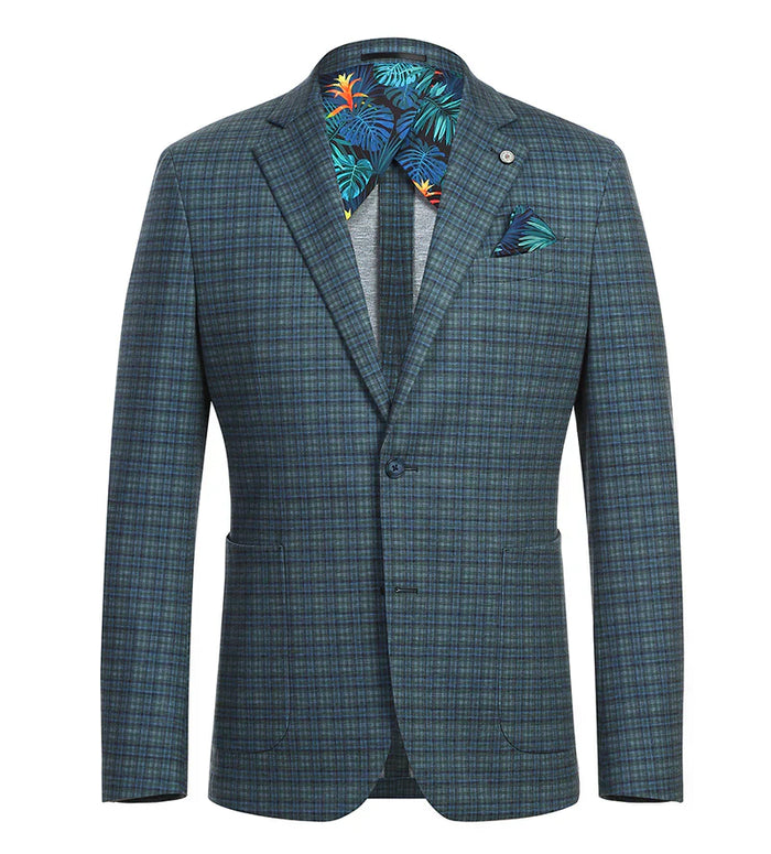 Half Canvas Slim Fit Blazer in Green Blue Check - Image 2
