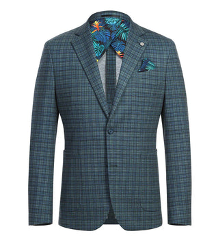 Half Canvas Slim Fit Blazer in Green Blue Check - Image 2