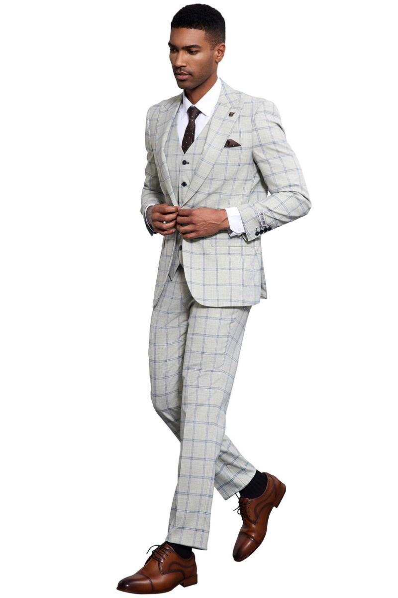 Men's Stacy Adams One Button Peak Lapel Vested Windowpane Plaid Suit in Grey & Blue - Image 3