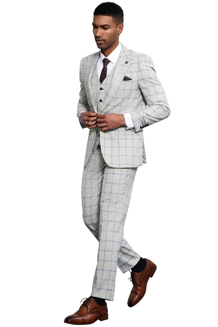 Men's Stacy Adams One Button Peak Lapel Vested Windowpane Plaid Suit in Grey & Blue - Image 3