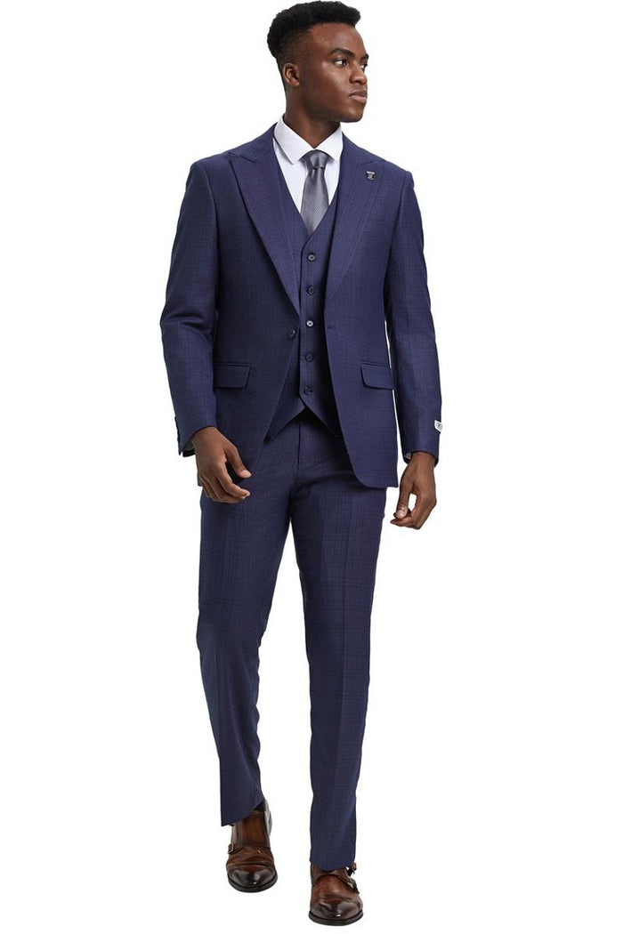 Men's Stacy Adams Vested One Button Wide Peak Lapel Windowpane Plaid Suit in Eggplant Purple - Image 5
