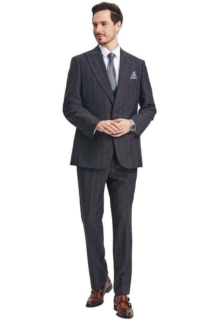 Men's Stacy Adams Peak Lapel Charcoal Grey Windowpane Plaid Suit with a Scoop Neck Vest - Image 2