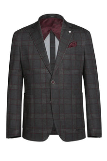 Mens Slim Fit Patch Pocket Vintage Style Sports Coat Blazers in Charcoal Grey Windowpane Plaid
