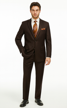 2TR Classic Fit - Executive Cut Poly-rayon Executive Pure Solid Brown Suit Notch Collar Pleated Pants