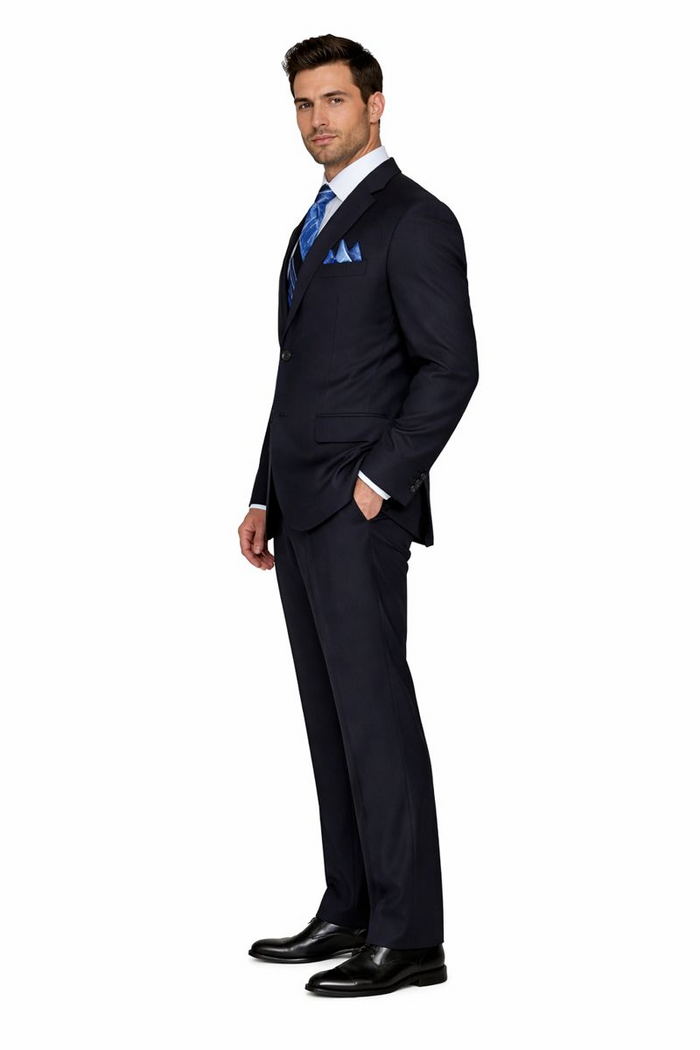 2TR Classic Fit - Executive Cut Poly-rayon Executive Pure Solid Dark Navy Suit Notch Collar Pleated Pants - Image 3