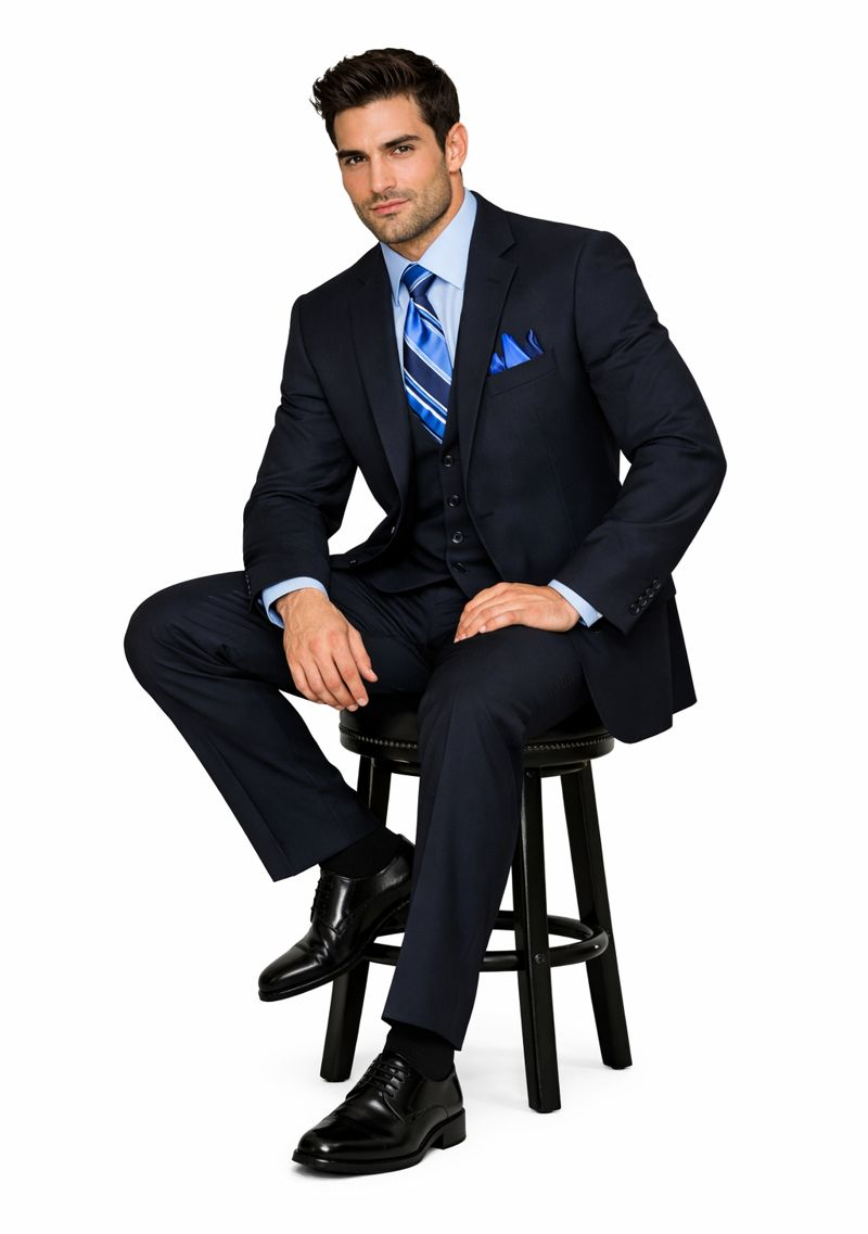 2TR Classic Fit - Executive Cut Poly-rayon Executive Pure Solid Dark Navy Suit Notch Collar Pleated Pants - Image 4