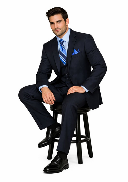 2TR Classic Fit - Executive Cut Poly-rayon Executive Pure Solid Dark Navy Suit Notch Collar Pleated Pants - Image 4