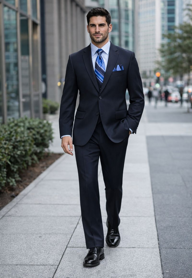 2TR Classic Fit - Executive Cut Poly-rayon Executive Pure Solid Dark Navy Suit Notch Collar Pleated Pants - Image 6