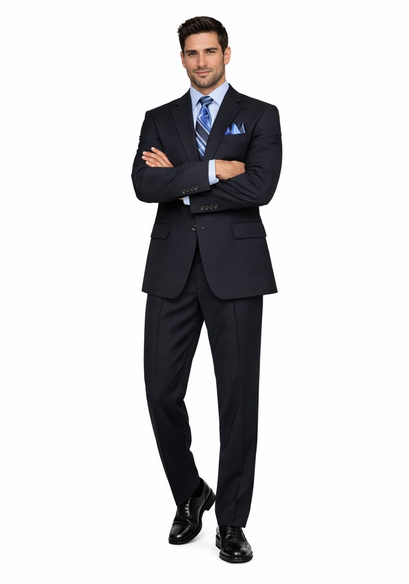 2TR Classic Fit - Executive Cut Poly-rayon Executive Pure Solid Dark Navy Suit Notch Collar Pleated Pants - Image 5