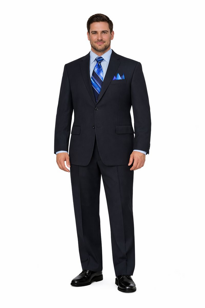 2TR Classic Fit - Executive Cut Poly-rayon Executive Pure Solid Dark Navy Suit Notch Collar Pleated Pants - Image 8