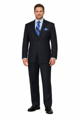2TR Classic Fit - Executive Cut Poly-rayon Executive Pure Solid Dark Navy Suit Notch Collar Pleated Pants