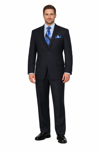 2TR Classic Fit - Executive Cut Poly-rayon Executive Pure Solid Dark Navy Suit Notch Collar Pleated Pants