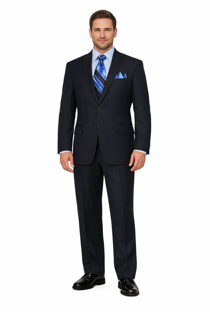 2TR Classic Fit - Executive Cut Poly-rayon Executive Pure Solid Dark Navy Suit Notch Collar Pleated Pants